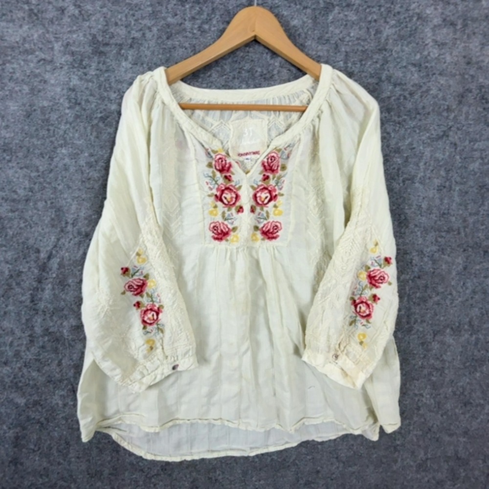 Johnny Was Blouse Women XL Beige Floral Needlepoint Embroidered Boho 3J Workshop